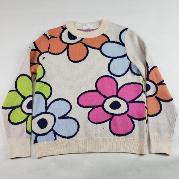 THML Flower Power Retro Sweater Womens Small Cream Colorful Long Sleeve Knit - Picture 2 of 10